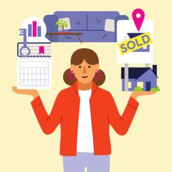 woman holding home loan items above her head