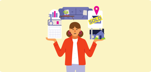 woman holding home loan items above her head