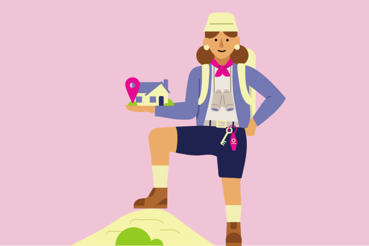 finspoLearn_illo_banner_firstHomebuyerguide (1) woman dressed in hiking gear holding a house on a pink background