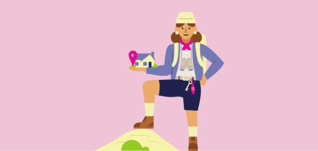 finspoLearn_illo_rectangle_firstHomebuyerguide@3x woman dressed in hiking gear holding a house on a pink background