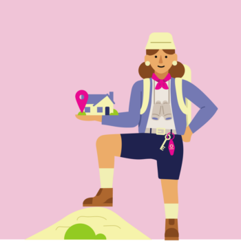 finspoLearn_illo_rectangle_firstHomebuyerguide@3x woman dressed in hiking gear holding a house on a pink background