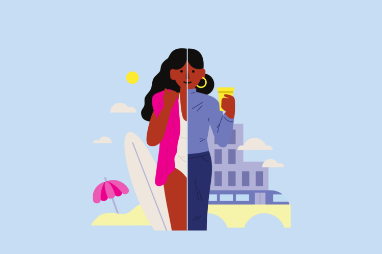 finspoLearn_illo_banner_rentvesting@3x A woman surfing mirrored with the same woman having a drink.