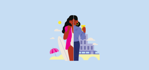 finspoLearn_illo_rectangle_rentvesting@3x A woman surfing mirrored with the same woman having a drink.