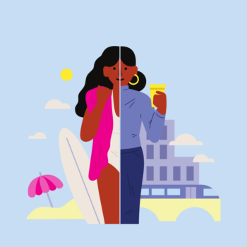 finspoLearn_illo_rectangle_rentvesting@3x A woman surfing mirrored with the same woman having a drink.