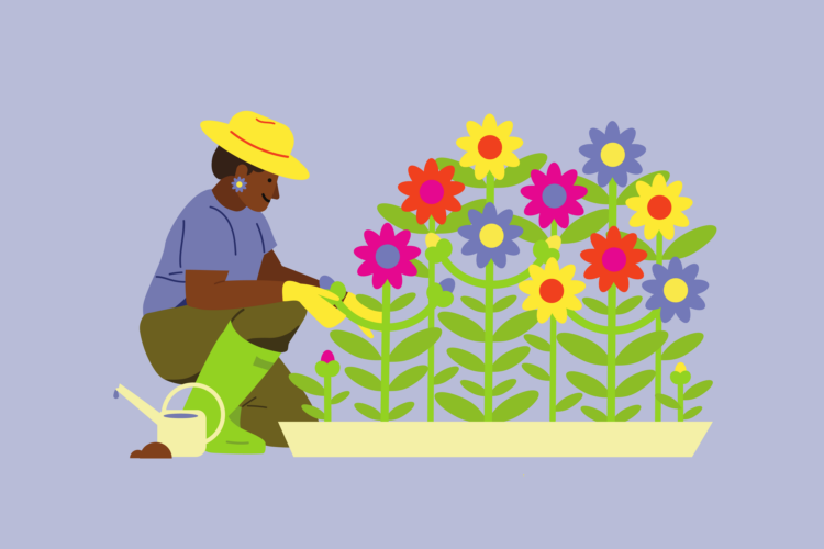 finspoLearn_illo_banner_investment Lady wearing a hat gardening representing wealth creation