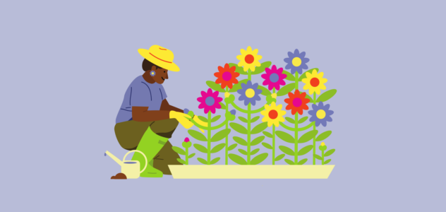 finspoLearn_illo_rectangle_investment@3x Lady wearing a hat gardening representing wealth creation