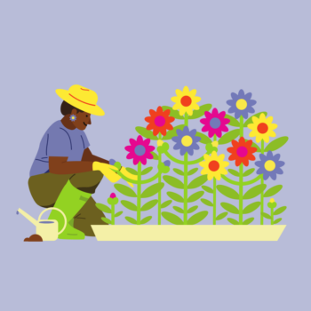 finspoLearn_illo_rectangle_investment@3x Lady wearing a hat gardening representing wealth creation